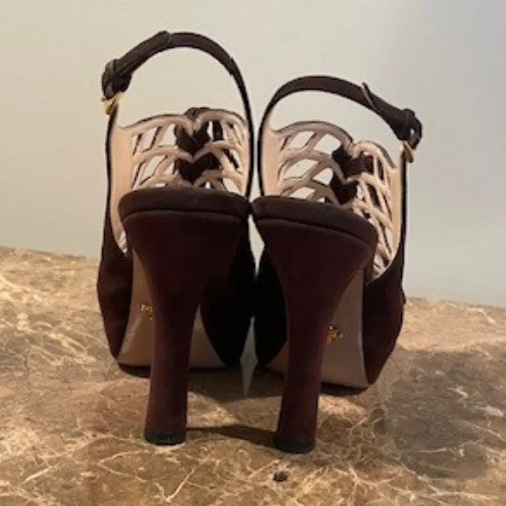 Prada Brown Suede PeepToe Slingback Heels – Sz 7.5
